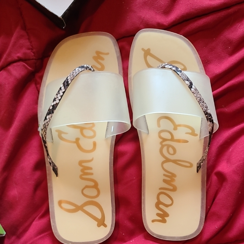 Sam Edelman Cream and Black Slide Sandals with Chain Detail